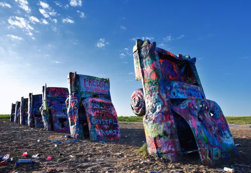 Amarillo, Texas - July 21, 2017 : Cadillac Ranch in Amarillo. Cadillac Ranch is a public art installation of old car wrecks and a popular landmark on historic Route 66