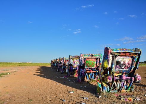 Amarillo, Texas - July 21, 2017 : Cadillac Ranch in Amarillo. Cadillac Ranch is a public art installation of old car wrecks and a popular landmark on historic Route 66
