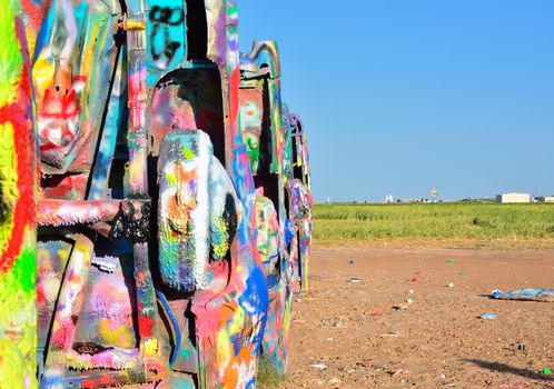 Amarillo, Texas - July 21, 2017 : Cadillac Ranch in Amarillo. Cadillac Ranch is a public art installation of old car wrecks and a popular landmark on historic Route 66