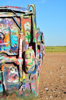 Amarillo, Texas - July 21, 2017 : Cadillac Ranch in Amarillo. Cadillac Ranch is a public art installation of old car wrecks and a popular landmark on historic Route 66