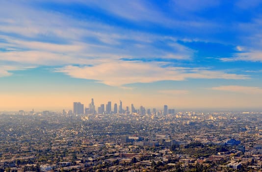Los Angeles downtown skyline at sunrise.