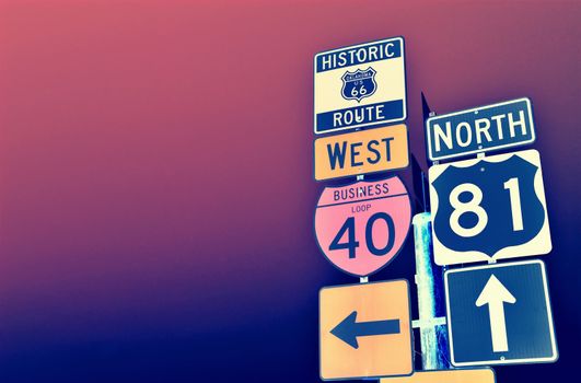 Route 66 road signs on Oklahoma, US.
