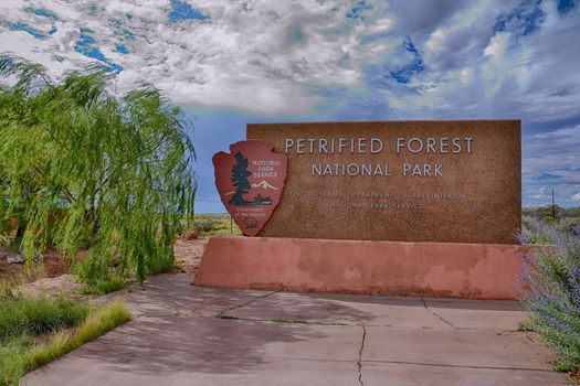 NAVAJO COUNTY, ARIZONA - JULY 22: The entrance sign to the Petrified Forest National Park, a popular tourist destination in Arizona on July 22, 2017 in Petrified Forest, Arizona.
