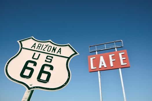Cafe sign along historic Route 66 in Arizona.