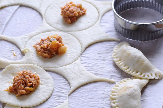 Close-up of raw dumplings with vegetables