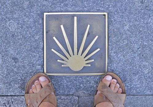 Metal signal in asphalt, Way of St. James in Spain, man's feet in sandals on sidewalk.From above