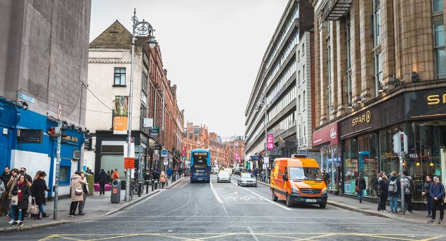 Dublin, Ireland - February 11, 2019: Architecture detail and street atmosphere in a shopping street on a winter day