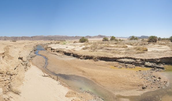 Small desert stream running through an oasis in arid desert landscape