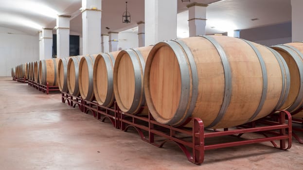 American Oak Barrels aging on a modern Winery