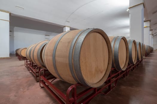 American Oak Barrels aging on a modern Winery