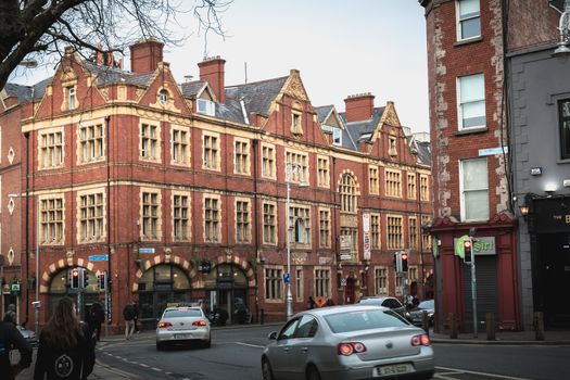 Dublin, Ireland - February 11, 2019: Architecture detail and street atmosphere in a shopping street on a winter day