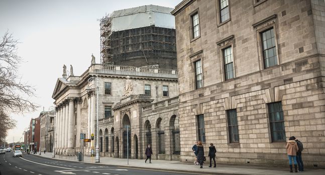 Dublin, Ireland - February 11, 2019: Architectural detail of the Dublin Four Court Courthouse on a winter day