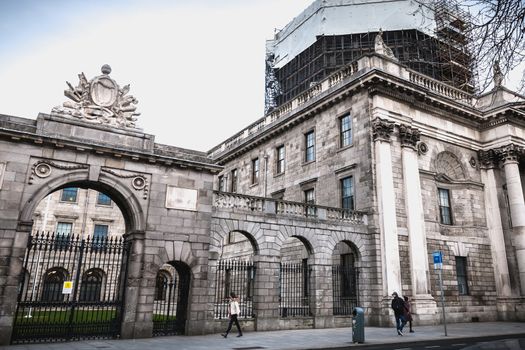 Dublin, Ireland - February 11, 2019: Architectural detail of the Dublin Four Court Courthouse on a winter day