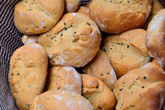 Close-up of delicious crunchy and fresh bread in basket