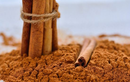Close-up of ground cinnamon with stack of sticks tied with rope