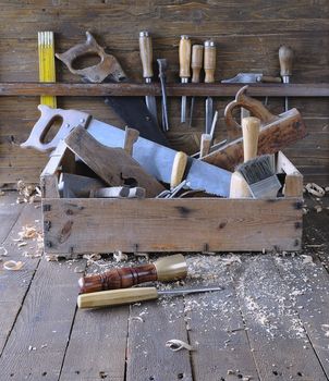 Old toolbox on the workbench in a carpentry