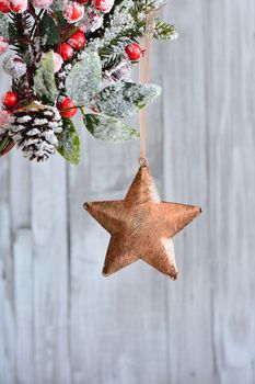 Close-up of holly berry with hanging bronze xmas star against of wooden wall.