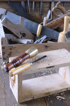 Chest wooden on a work bench carpentry.