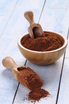 Cocoa powder on wooden table in the kitchen