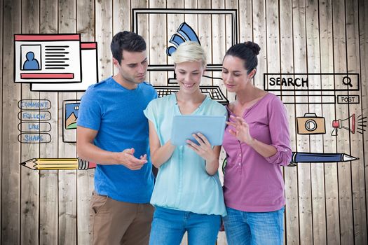 Group portrait of happy colleagues using tablet against wooden planks background