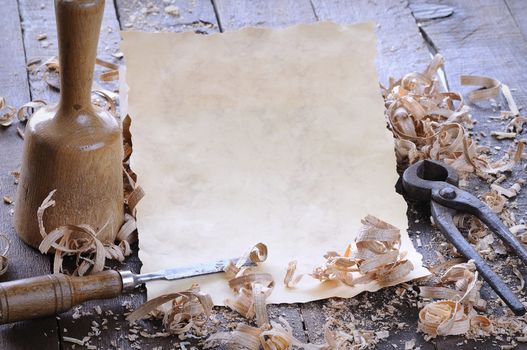 Carpenter tools with blank on the workbench carpentry.