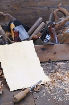 Carpenter tools with blank on the workbench carpentry.