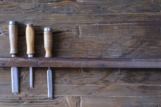 Carpenter tools on a work bench carpentry.