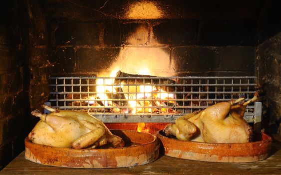 Two chikens near the fireplace on dishes. Christmas time