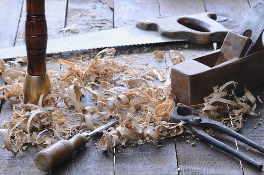 Carpenter tools on a work bench carpentry.