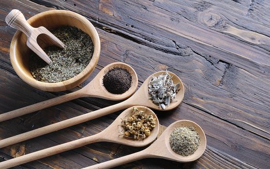 Spices for seasoning in spoons on the table