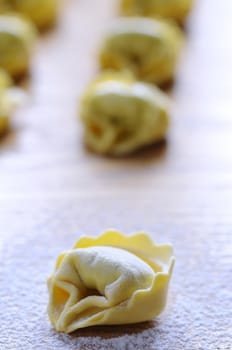 Preparing homemade tortellini on wooden table in the kitchen.