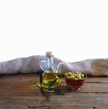 Isolated olive oil on a table in the kitchen.