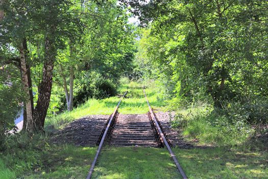 Multiple railroad tracks with junctions at a railway station in a perspective view