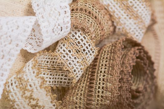 knitted openwork linen ribbon tapes in rural style of rustics cotton eco natural, use for store