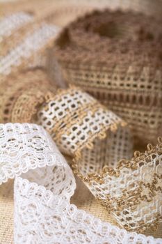 knitted openwork linen ribbon tapes in rural style of rustics cotton eco natural, use for store