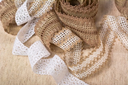 knitted openwork linen ribbon tapes in rural style of rustics cotton eco natural, use for store