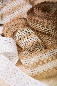 knitted openwork linen ribbon tapes in rural style of rustics cotton eco natural, use for store