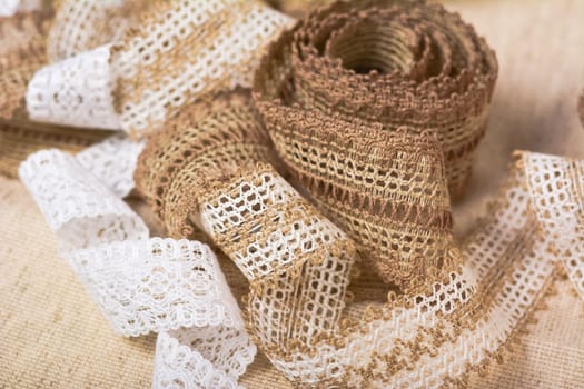 knitted openwork linen ribbon tapes in rural style of rustics cotton eco natural, use for store