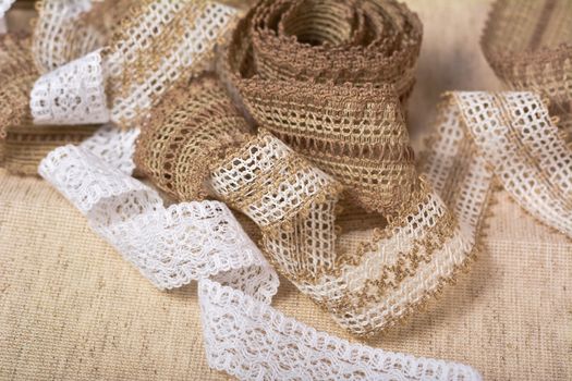 knitted openwork linen ribbon tapes in rural style of rustics cotton eco natural, use for store