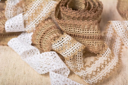 knitted openwork linen ribbon tapes in rural style of rustics cotton eco natural, use for store