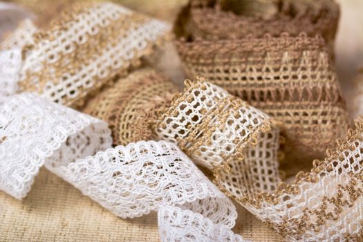 knitted openwork linen ribbon tapes in rural style of rustics cotton eco natural, use for store