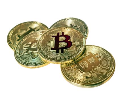 Golden coins bitcoin symbol digital economic investment isolated on white