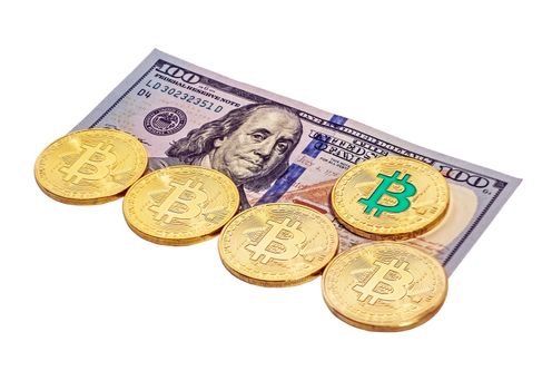 Gold bitcoin coin Macro portrait of Benjamin Franklin one hundred dollars bills isolated on white background cryptocurrency mining concept.