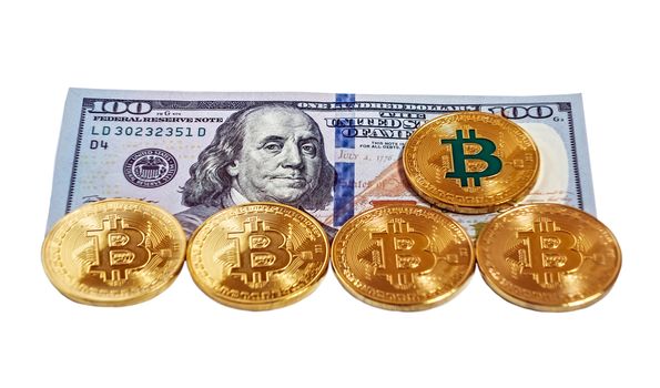 Gold bitcoin coin of dollar bills money american isolated on white background cryptocurrency mining concept.