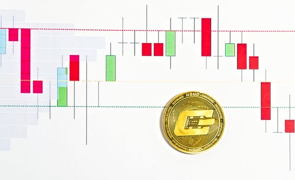 Dash crypto currency blockchain Coin. Graph of the course bitcoin crypto btc digital marketing analyzing trade statistical information from vertical bar and charts printed