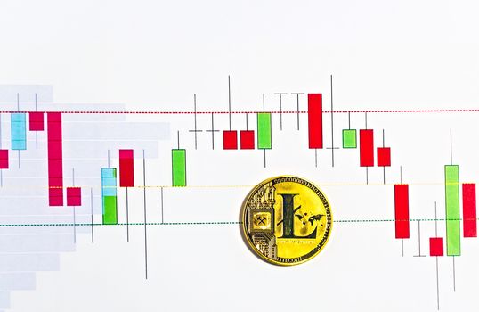 Litecoin LTC crypto currency blockchain Coin. Graph of the course bitcoin crypto btc digital marketing analyzing trade statistical information from vertical bar and charts printed