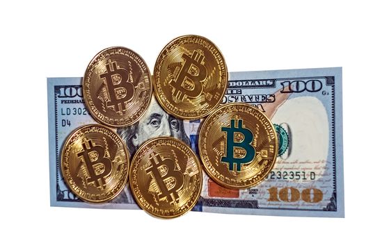 Gold bitcoin coin one hundred dollars bills. Coin flower exchange usd isolated on white background, Macro portrait of Benjamin Franklin cryptocurrency mining concept.