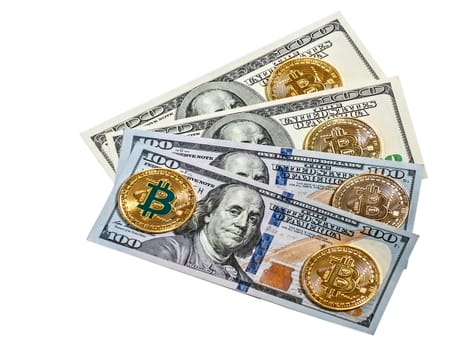 Gold bitcoin coin one hundred dollars bills isolated on white background cryptocurrency mining concept.