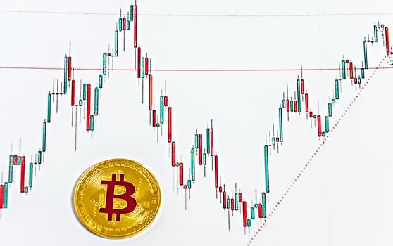 Graph of the course bitcoin crypto btc digital marketing analyzing statistical information from vertical bar and charts printed