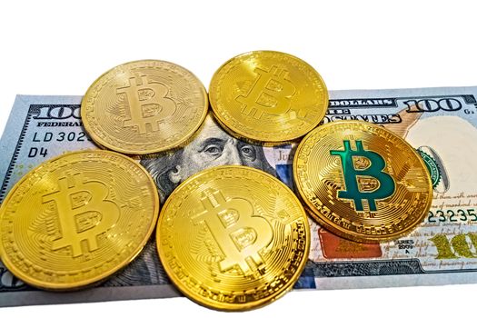 Gold bitcoin coin one hundred dollars bills. Coin exchange usd isolated on white background, cryptocurrency mining concept.